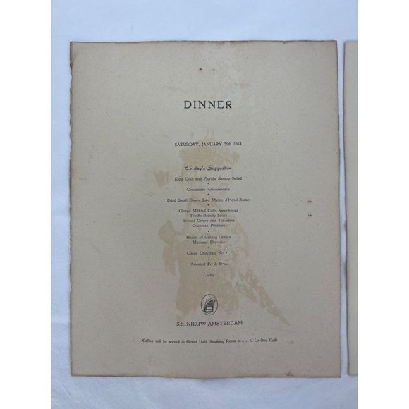 Vintage MENU CRUISE SHIP SS NIEUW AMSTERDAM 1963 HOLLAND AMERICA LINE Jan 25 26 - Picture 8 of 9